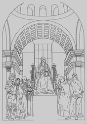 Hedendaagse gravure van de Pala di Cassiano (Venetië) voor de fragmentatie